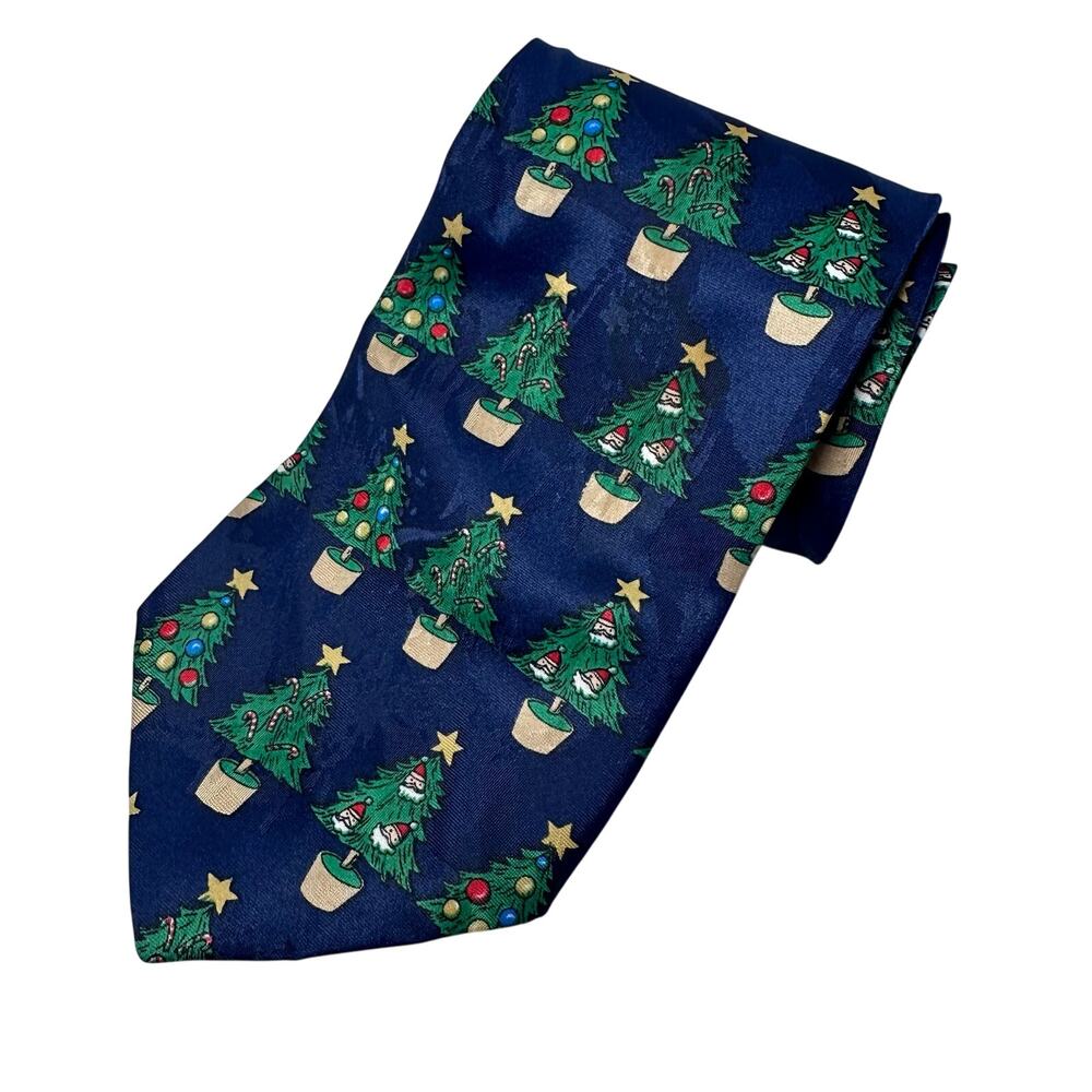 Adolfo navy blue christmas tree print 100% silk tie
